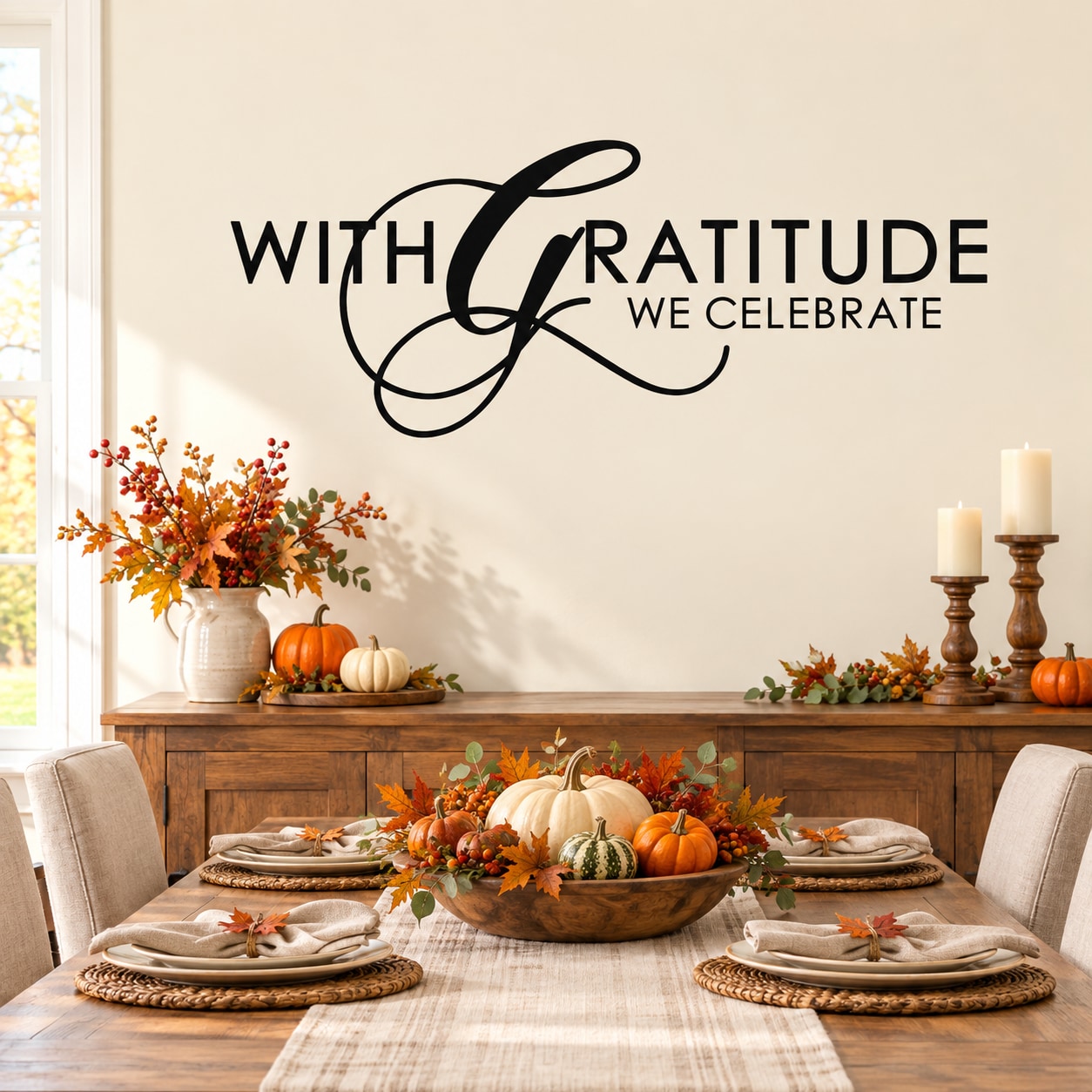 Thanksgiving wall decal with black script text: With Gratitude We Celebrate