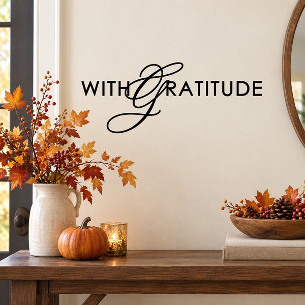 Thanksgiving wall decal with “With Gratitude” script lettering