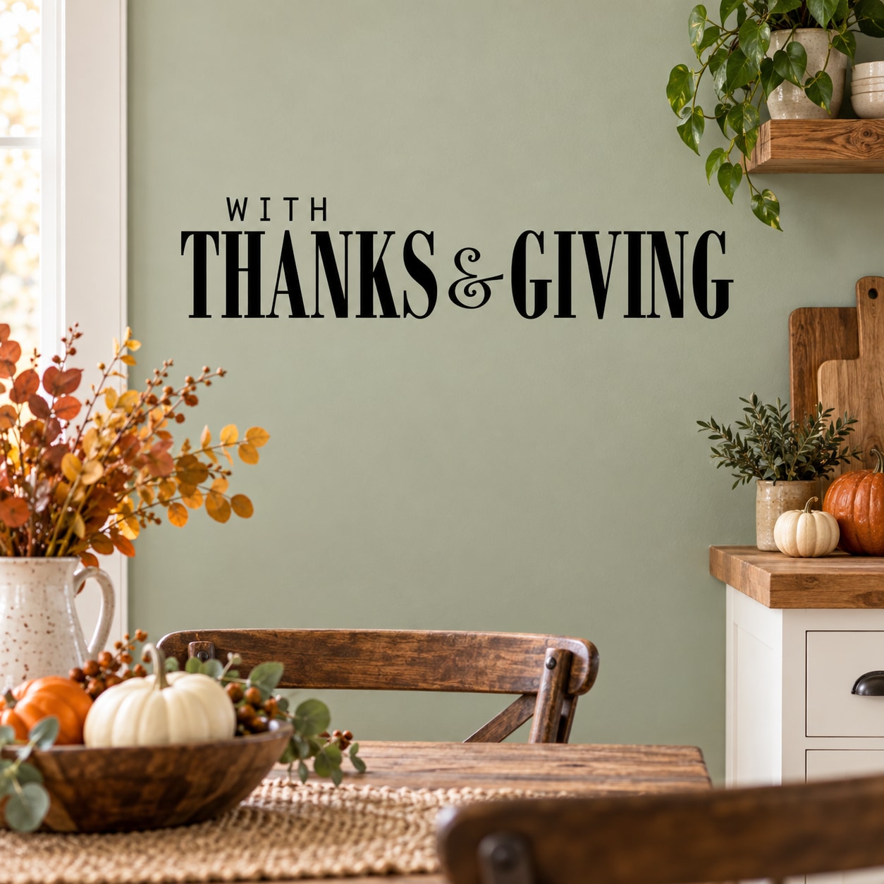 Thanksgiving wall decal with bold WITH THANKS & GIVING lettering