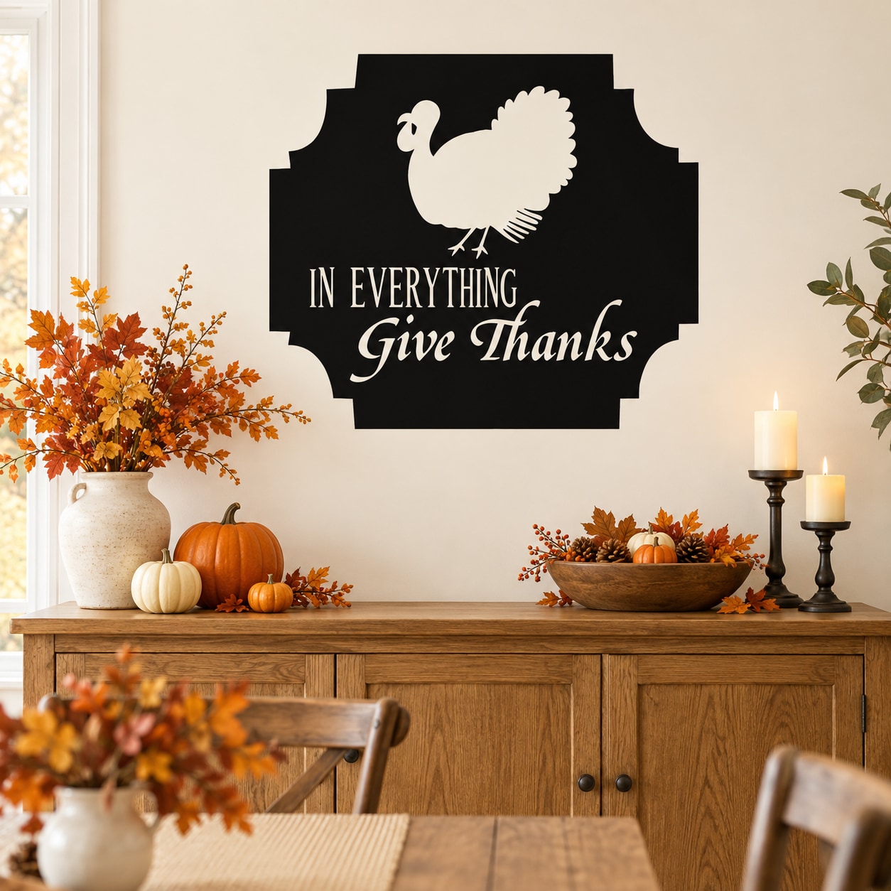 Black Thanksgiving turkey wall decal with “In Everything Give Thanks” lettering