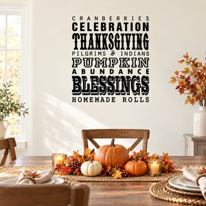 Thanksgiving wall decal with typography: Cranberries Celebration, Pilgrims & Indians, blessings