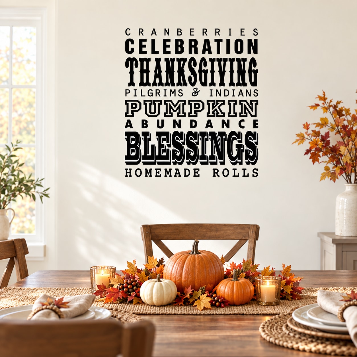 Thanksgiving wall decal with typography: Cranberries Celebration, Pilgrims & Indians, blessings