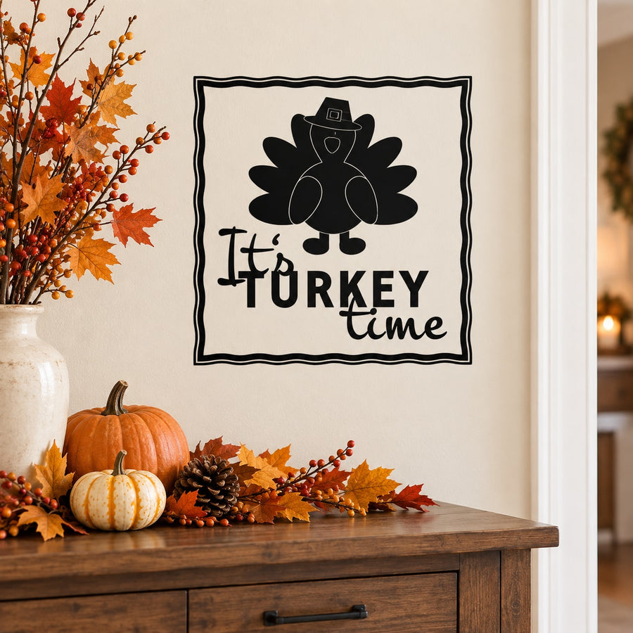Thanksgiving turkey frame decal with black turkey silhouette and "It's Turkey Time" text