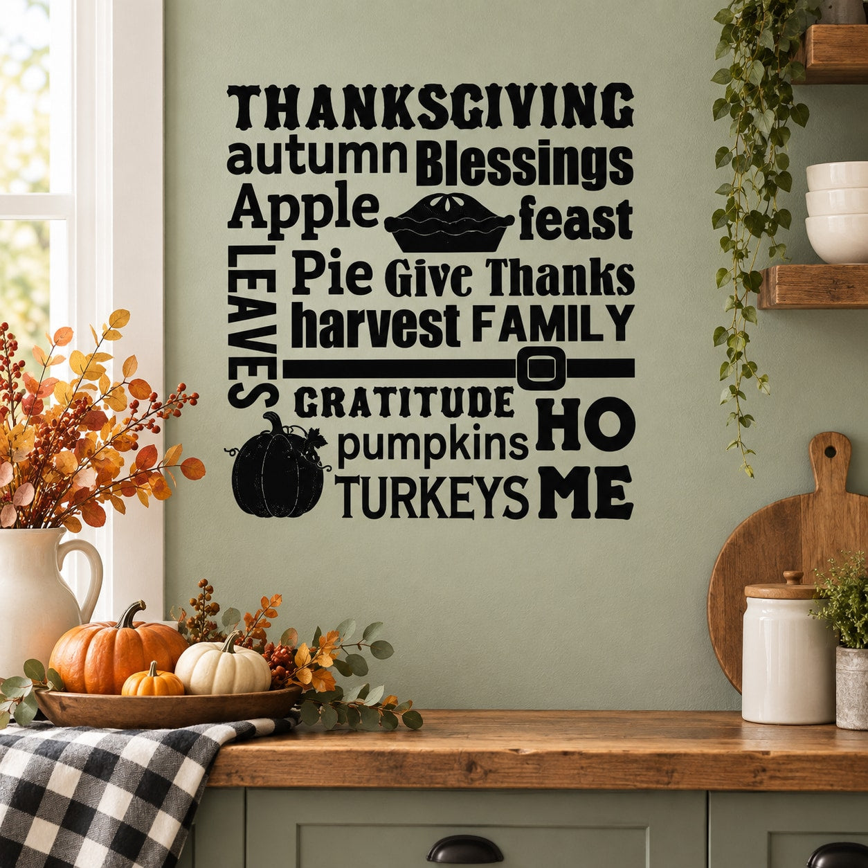 Thanksgiving apple home wall decal with black autumn word collage