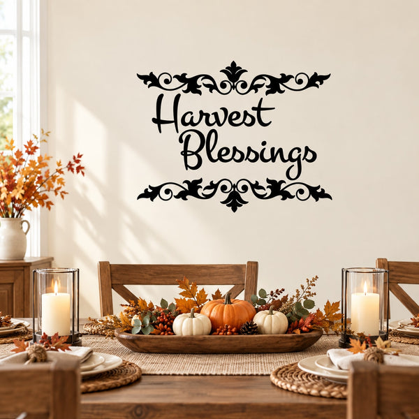 Thanksgiving wall decal with black 'Harvest Blessings' script and leaf corner flourishes