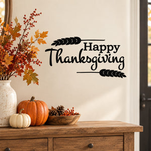 Happy Thanksgiving wall decal with wheat framing text and leaf accents