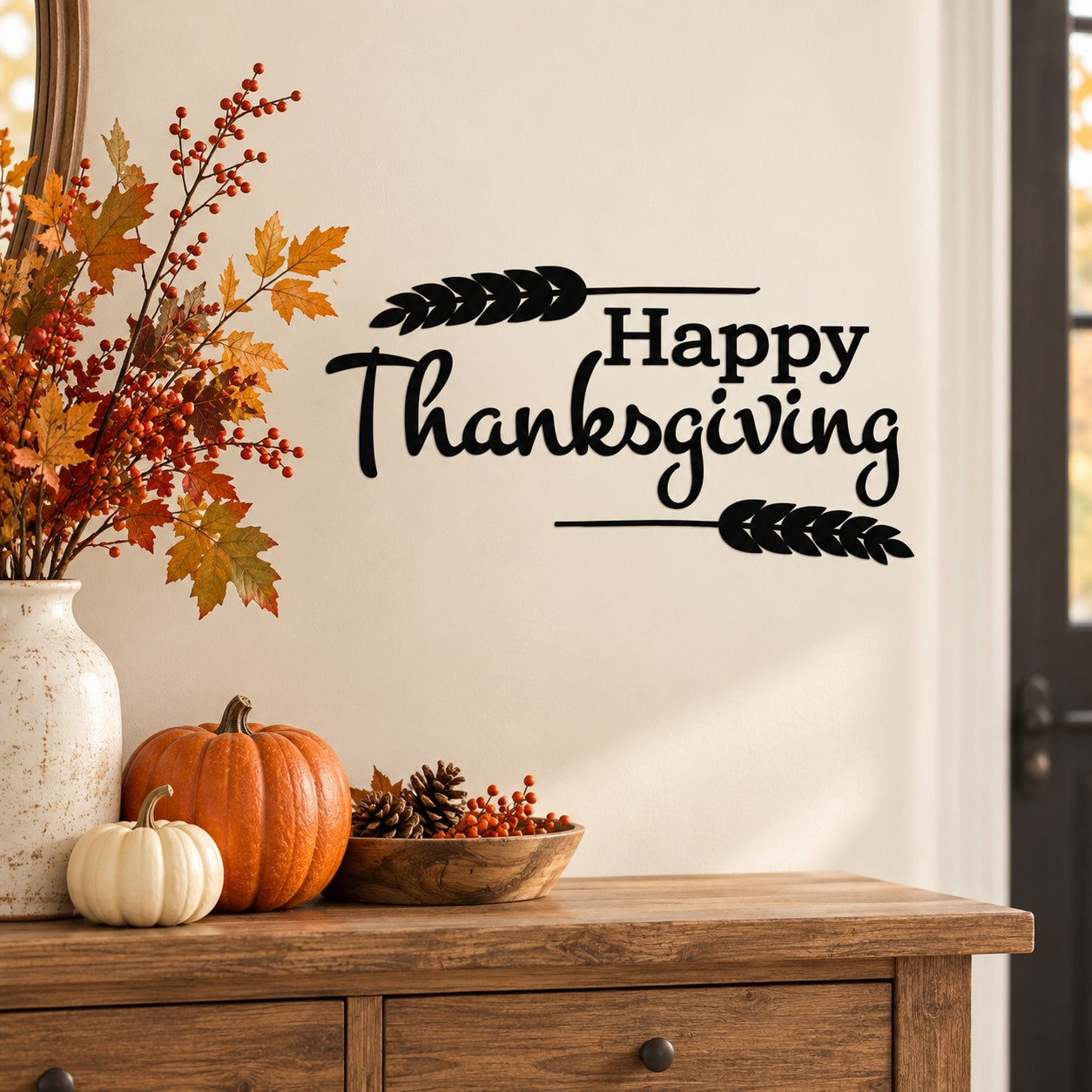 Happy Thanksgiving wall decal with wheat framing text and leaf accents