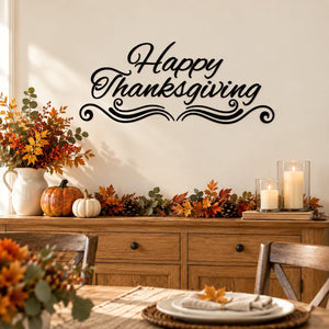 Happy Thanksgiving wall decal in black cursive lettering with decorative swirls and flourish