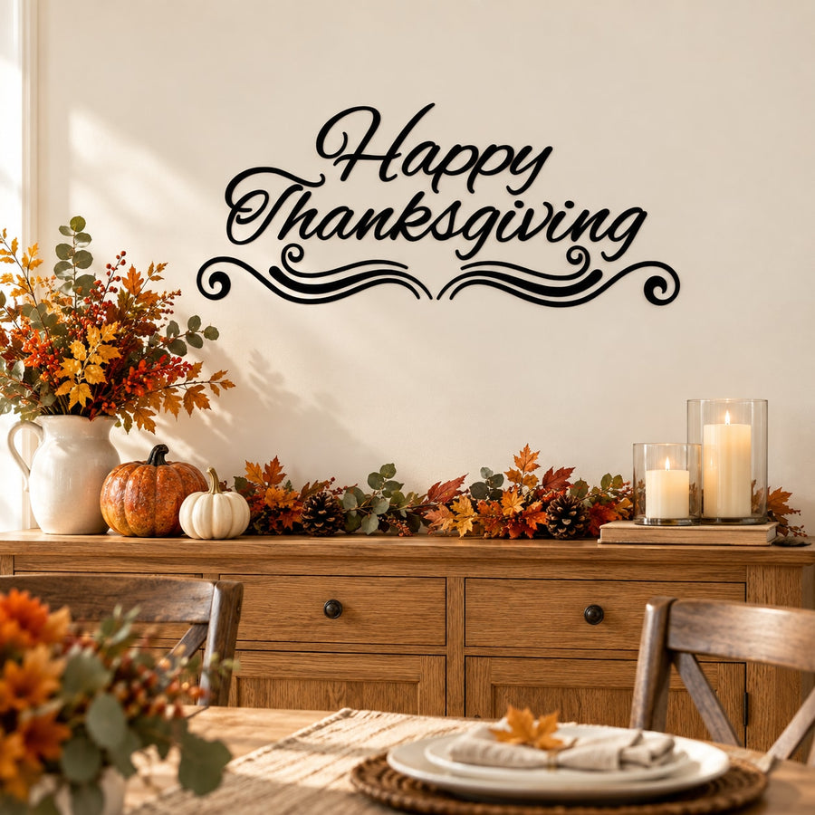 Happy Thanksgiving wall decal in black cursive lettering with decorative swirls and flourish