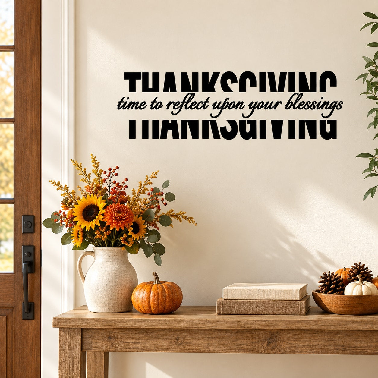 Thanksgiving wall decal: bold lettering and 'time to reflect upon your blessings' quote