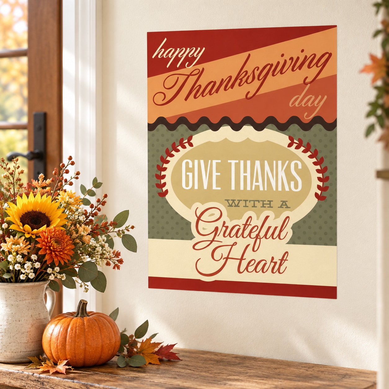Thanksgiving typography sticker: Happy Thanksgiving, Give Thanks with a Grateful Heart