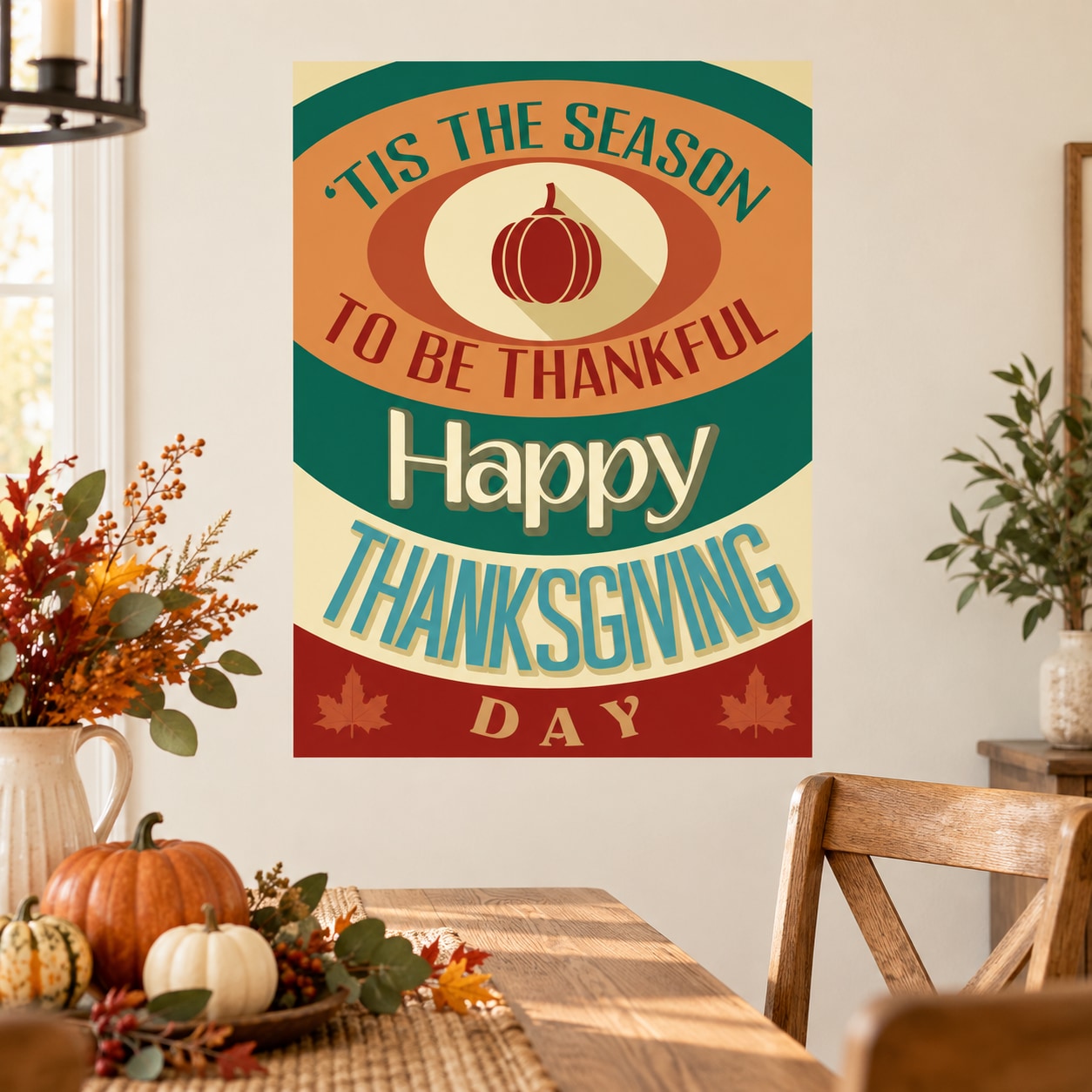 Thanksgiving typography wall decal with pumpkin and 'Happy Thanksgiving Day' lettering