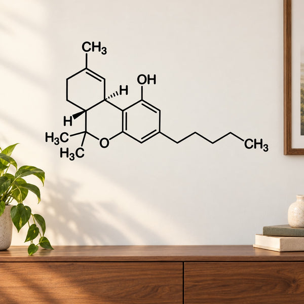 Black molecular structure wall decal featuring THC chemical formula lines on white