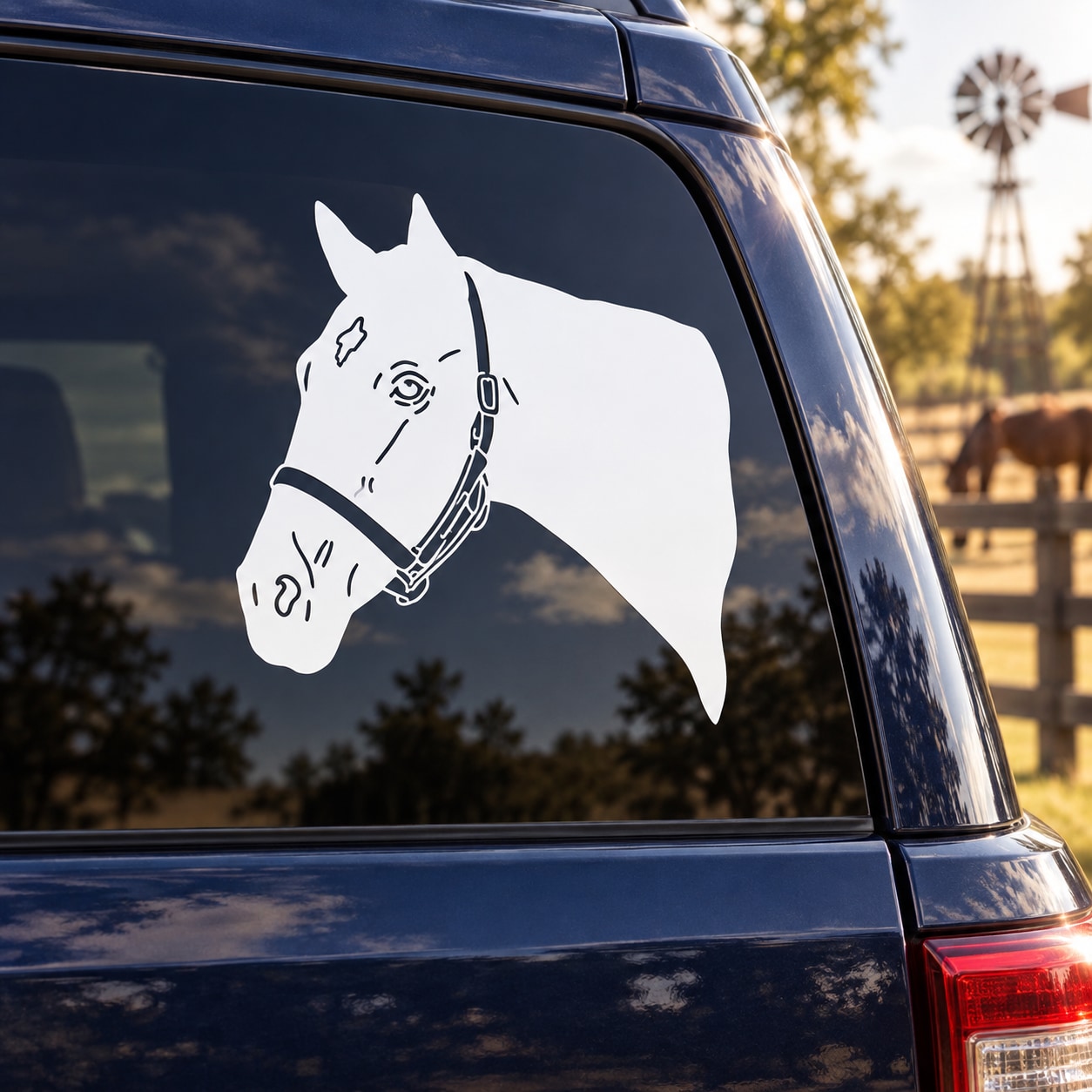 White thoroughbred horse with bridle decal on car window