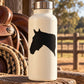 White water bottle with black horse and bridle silhouette decal