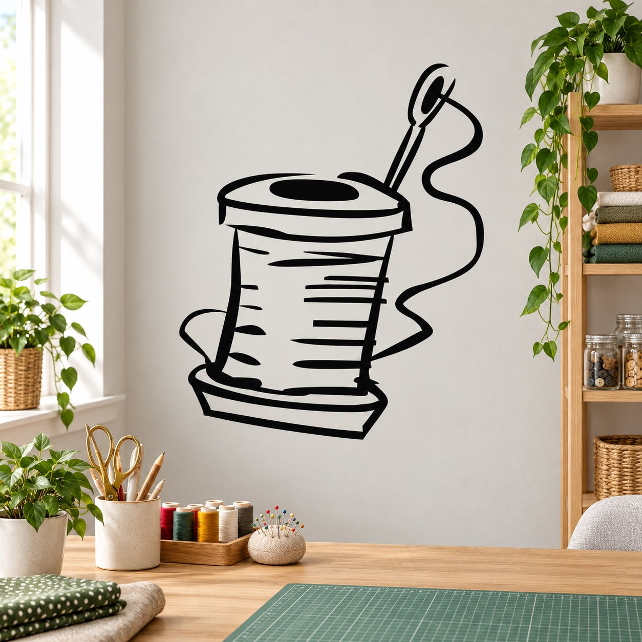 Sewing needle and thread wall decal: black outline thread spool with needle