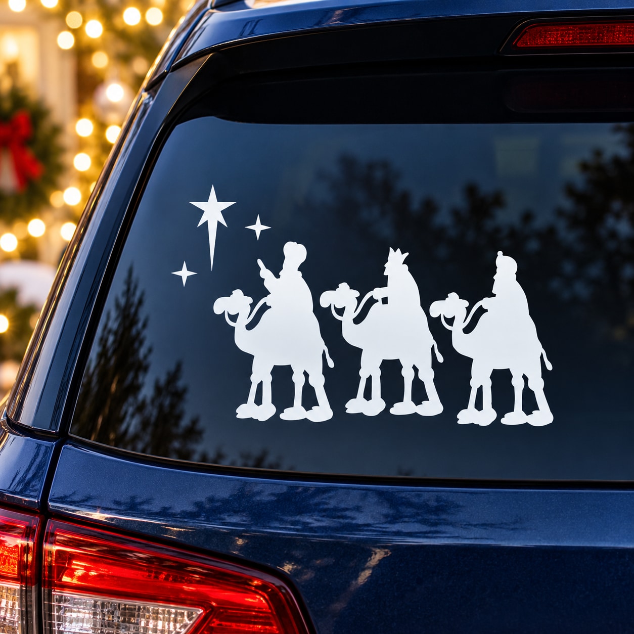 White wise men nativity window decal with three figures and star accents