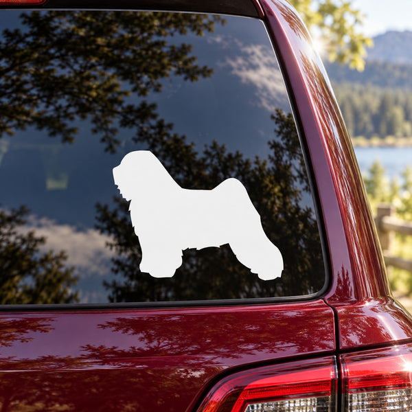 White Tibetan terrier silhouette decal on car rear window