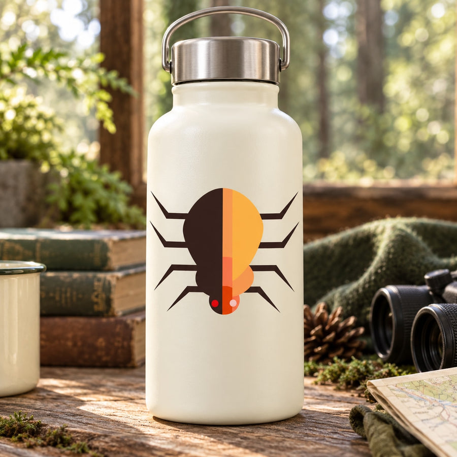 Tick crawling sticker with brown and orange tick illustration on a white backing