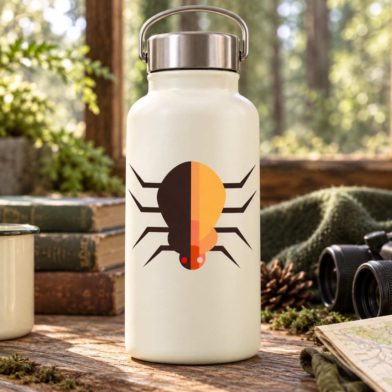 Tick crawling sticker with brown and orange tick illustration on a white backing