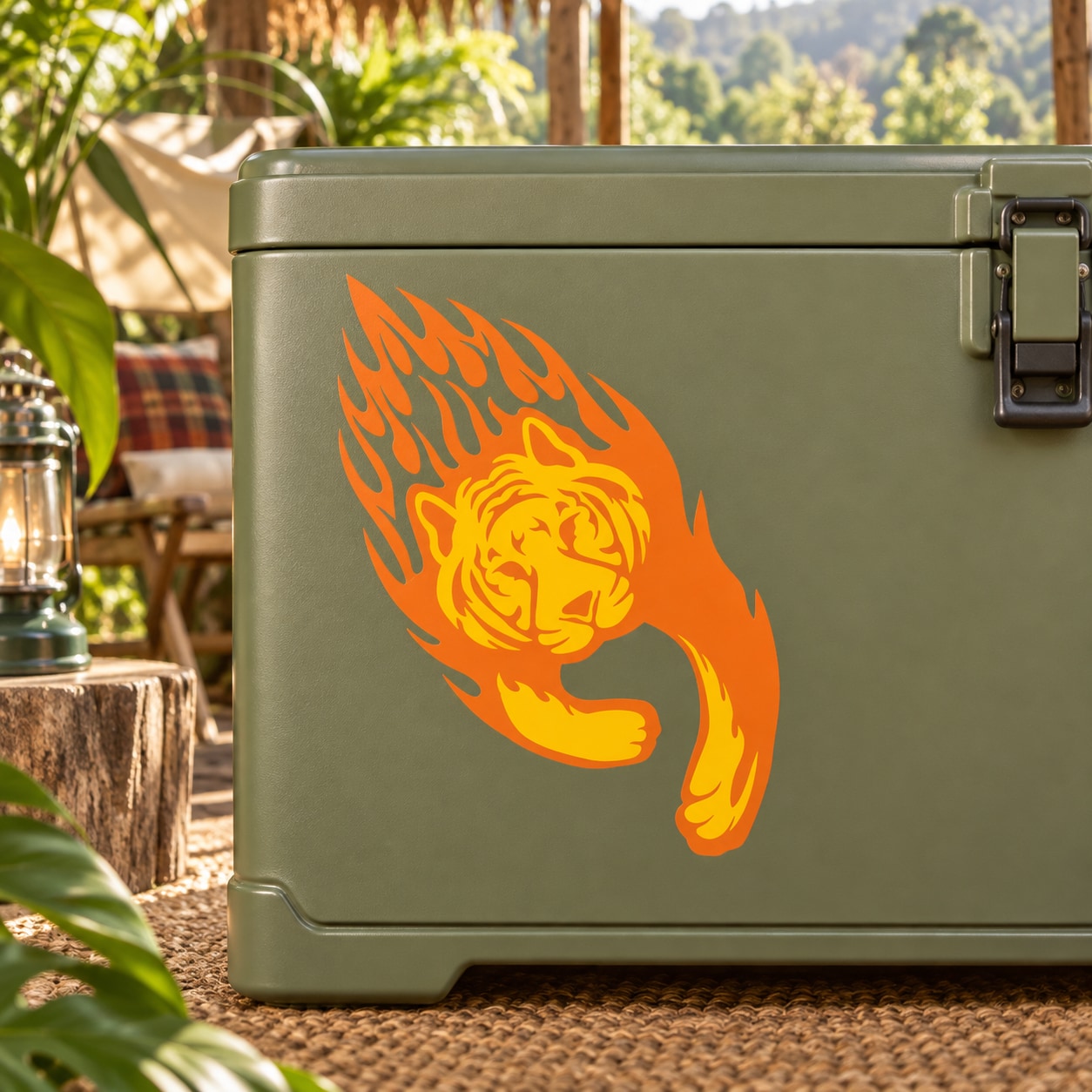 Flaming tiger sticker on green metal case, orange and yellow flame design