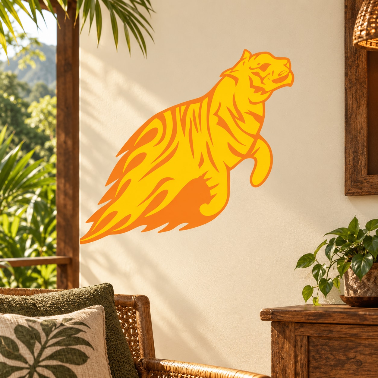Leaping tiger sticker in bright orange and yellow on a light background