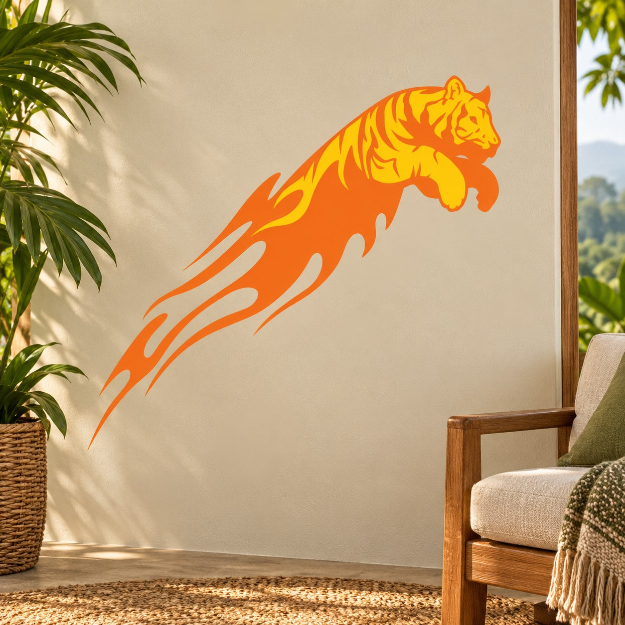 Leaping tiger sticker with orange flame-style graphic