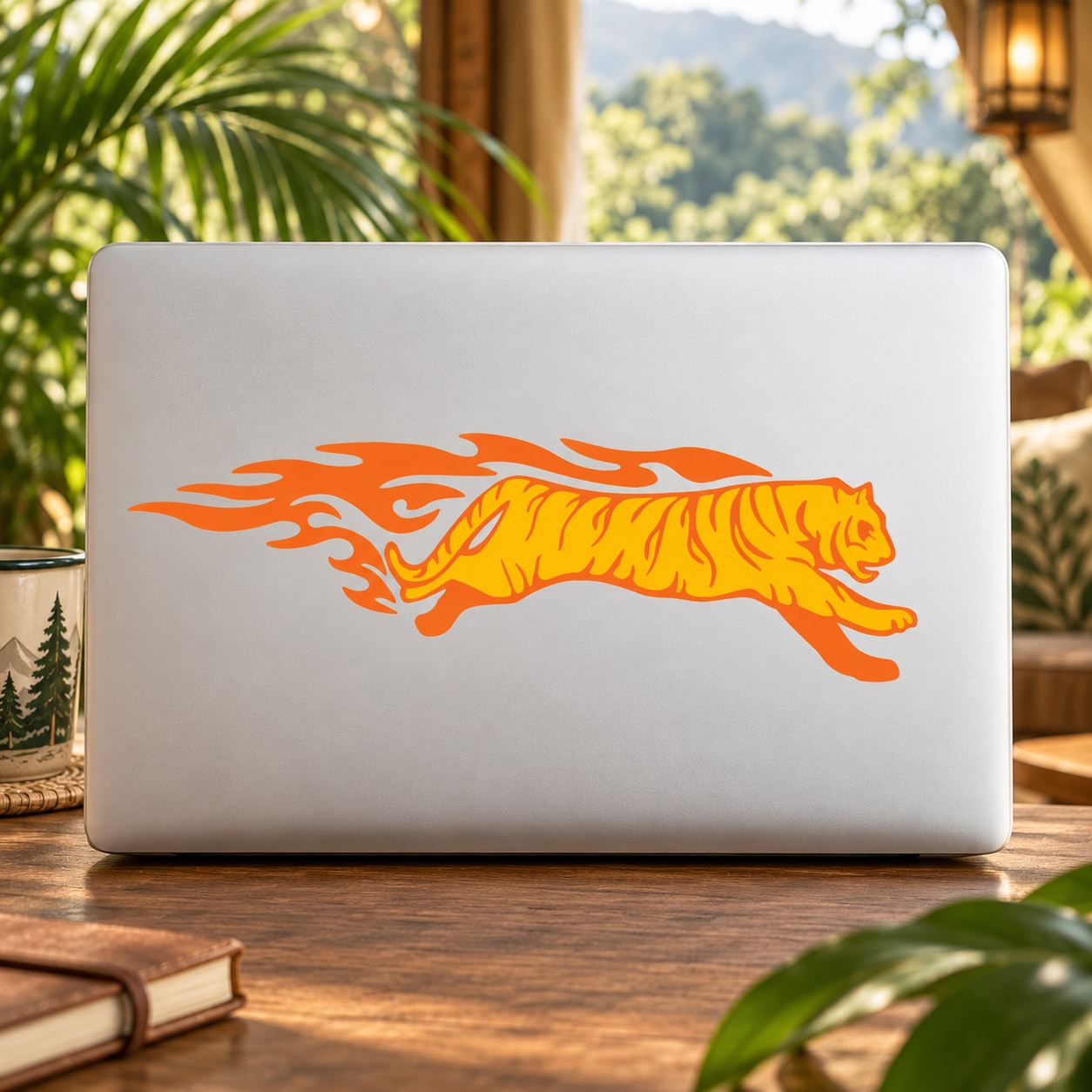 Orange tiger roaring flame burst sticker on white laptop lid