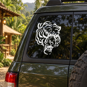Tiger head decal sticker in white with fierce face design for vehicle window or door