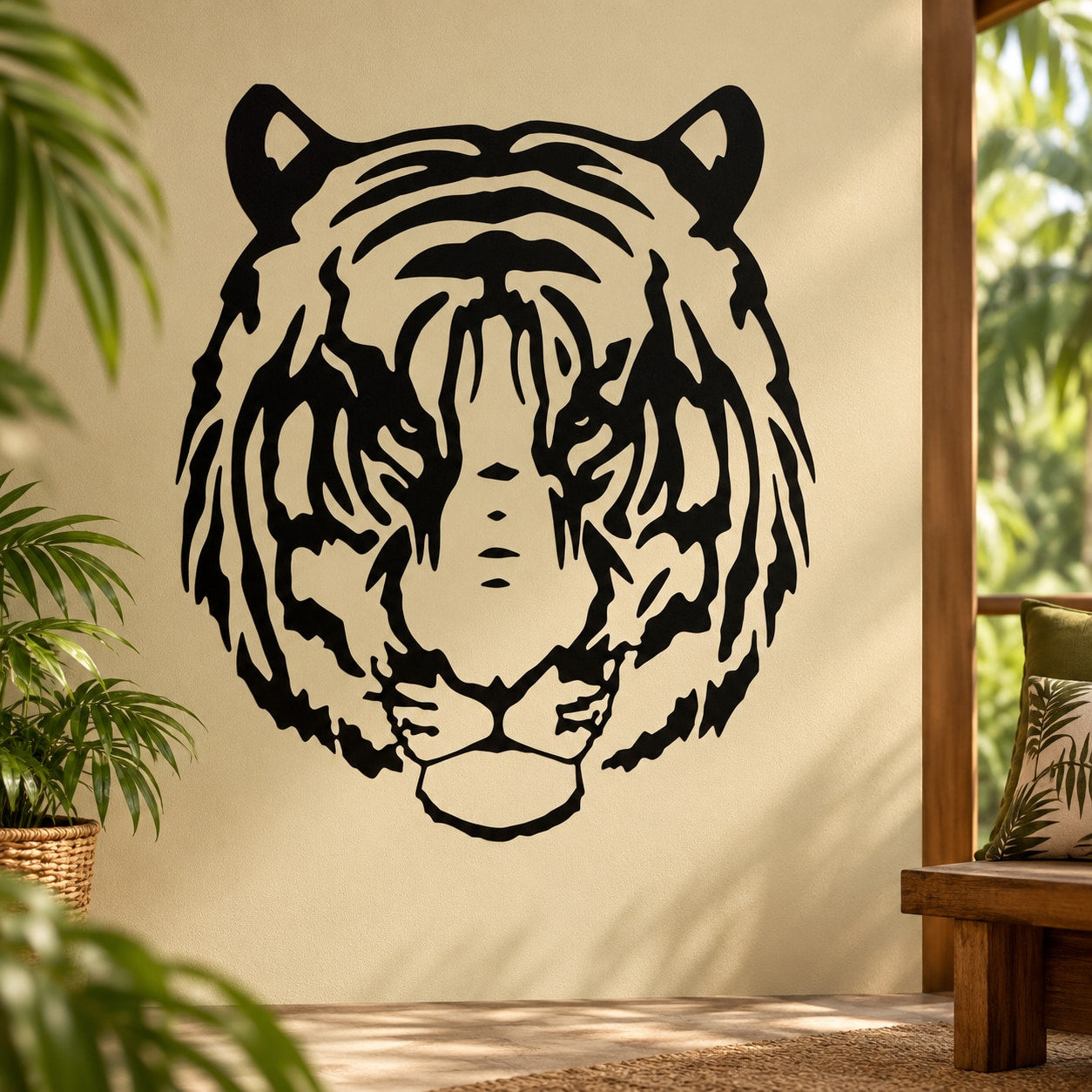 Tiger head decal with black outline and striped face graphic
