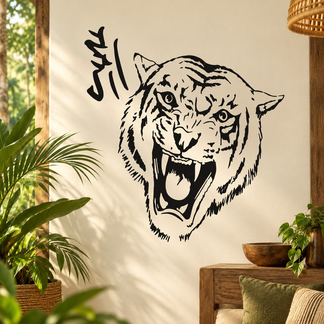 Roaring tiger head decal, black graphic vinyl sticker