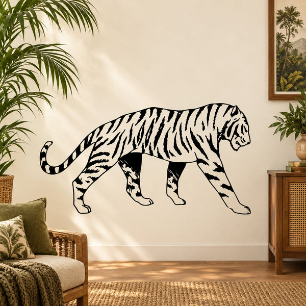 Roaming tiger wall decal in black and white, full-body outline