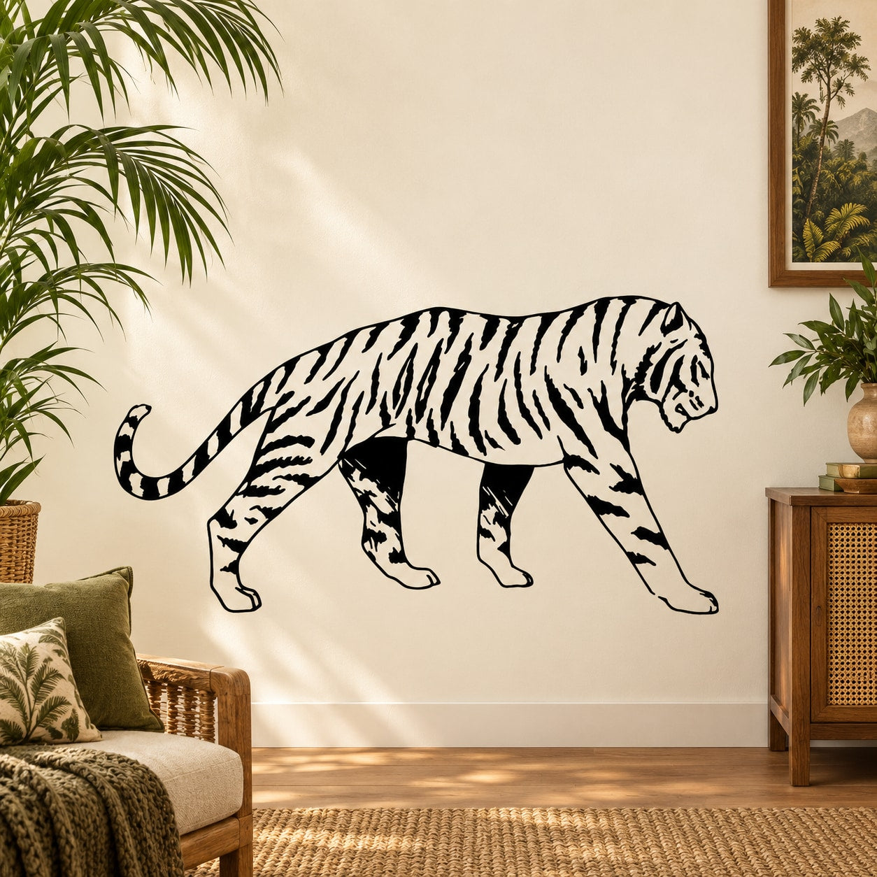 Roaming tiger wall decal in black and white, full-body outline