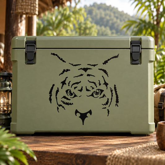 Tiger head decal with peeking stripes on dark green surface