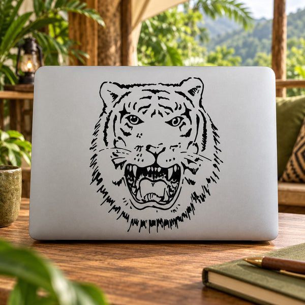 Roaring tiger head decal sticker with bold black outline on light surface