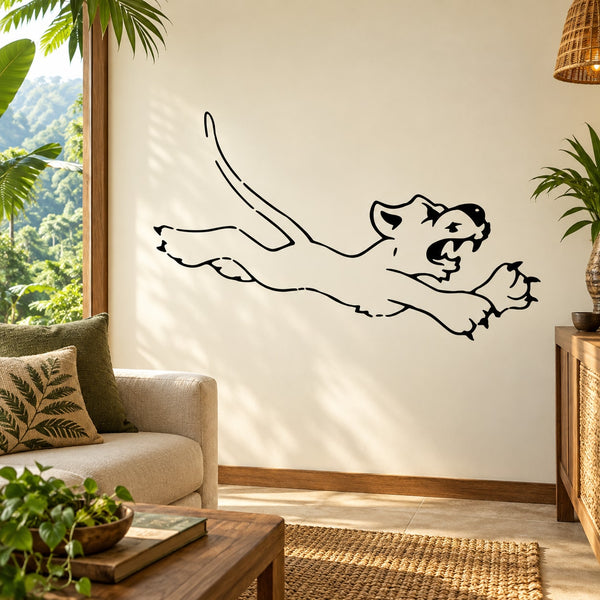 Cartoon tiger pouncing wall decal in black outline, tail and paws extended