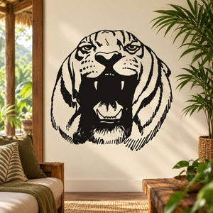 Snarling tiger face decal in black-and-white with bold outline details