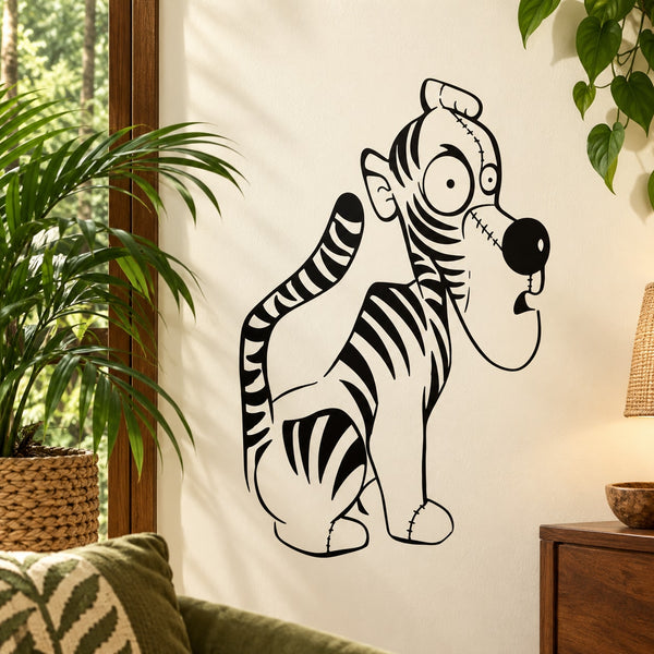 Tiger wall decal sticker with black outline and white striped body, cartoon style