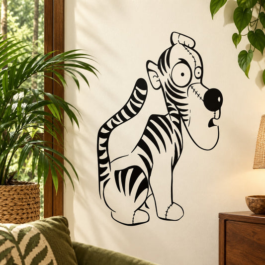 Tiger wall decal sticker with black outline and white striped body, cartoon style