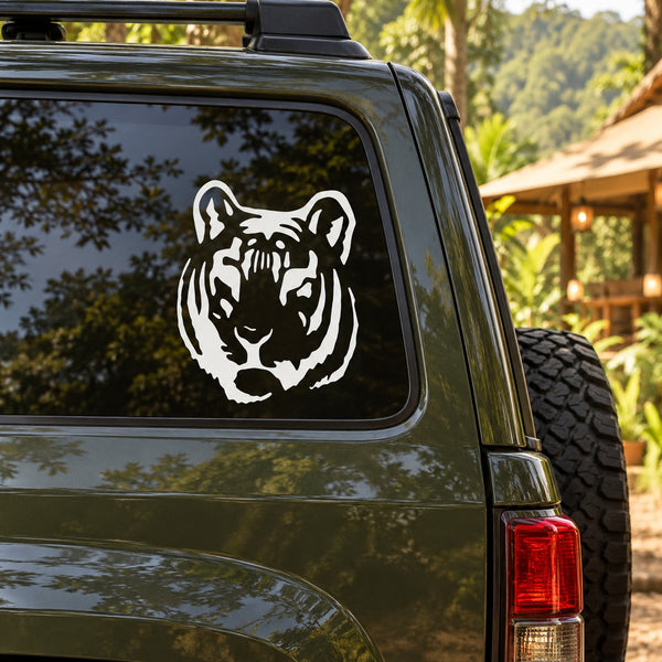 White tiger head decal sticker on a car rear window