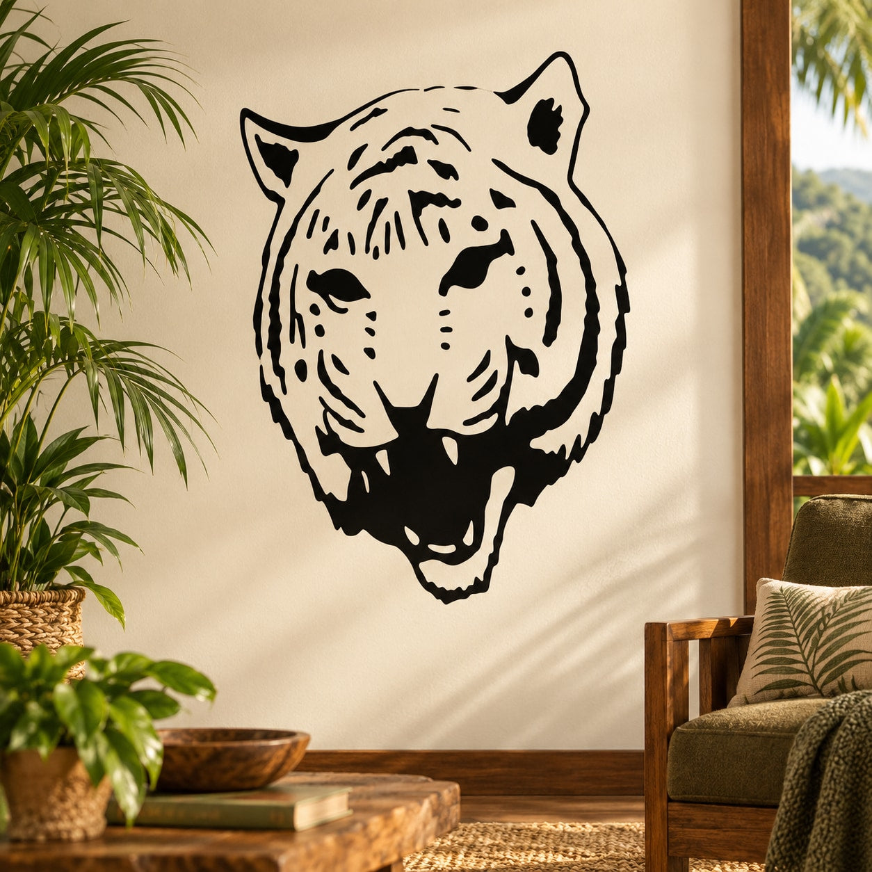 Tiger head wall decal with bold black-and-white graphic