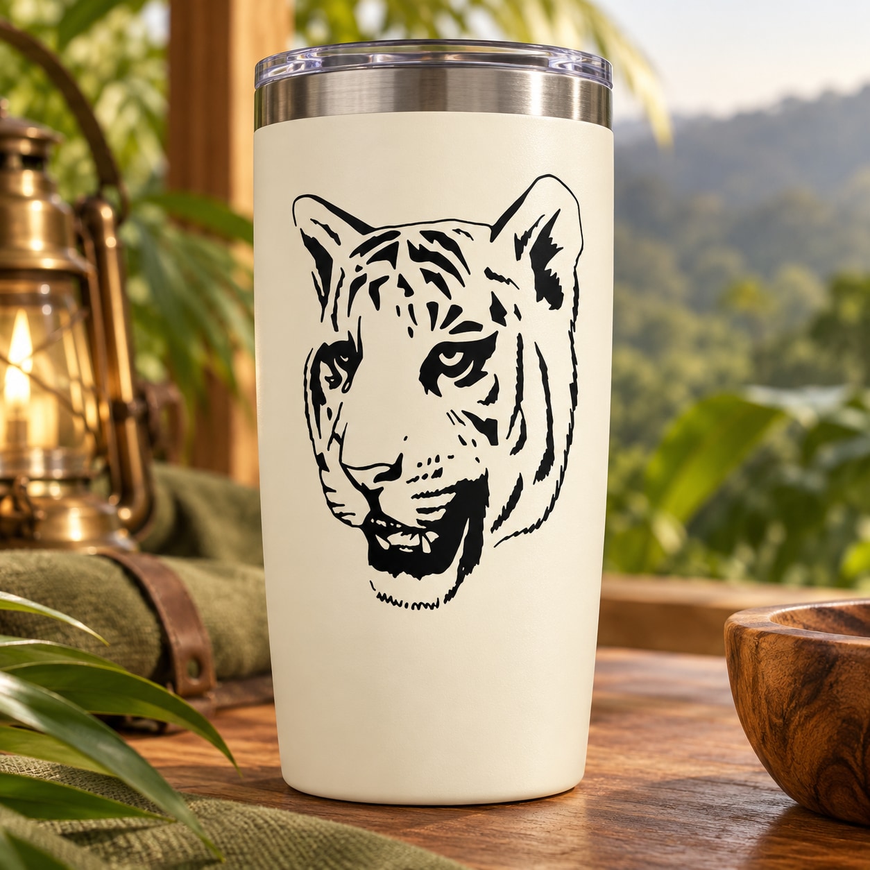 Tiger head decal, black line art on light surface