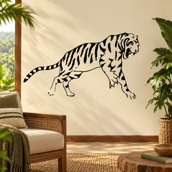 Black-and-white tiger decal in side profile with open-mouth growling pose