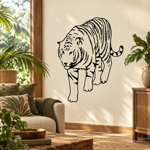 Black line art tiger wall decal, standing full-body