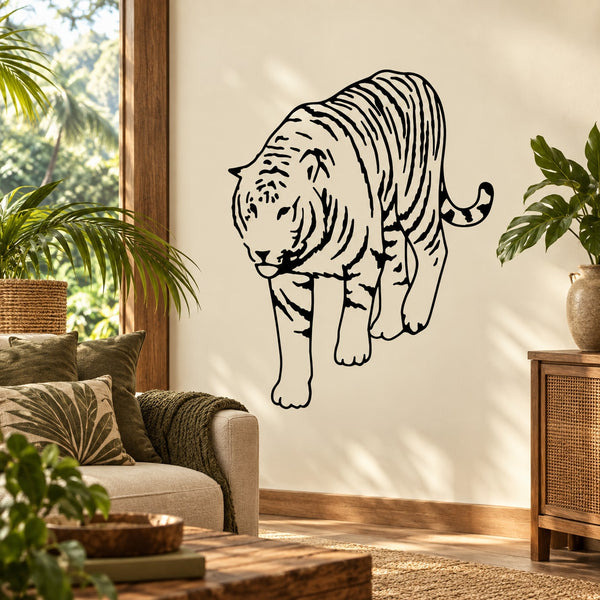 Black line art tiger wall decal, standing full-body