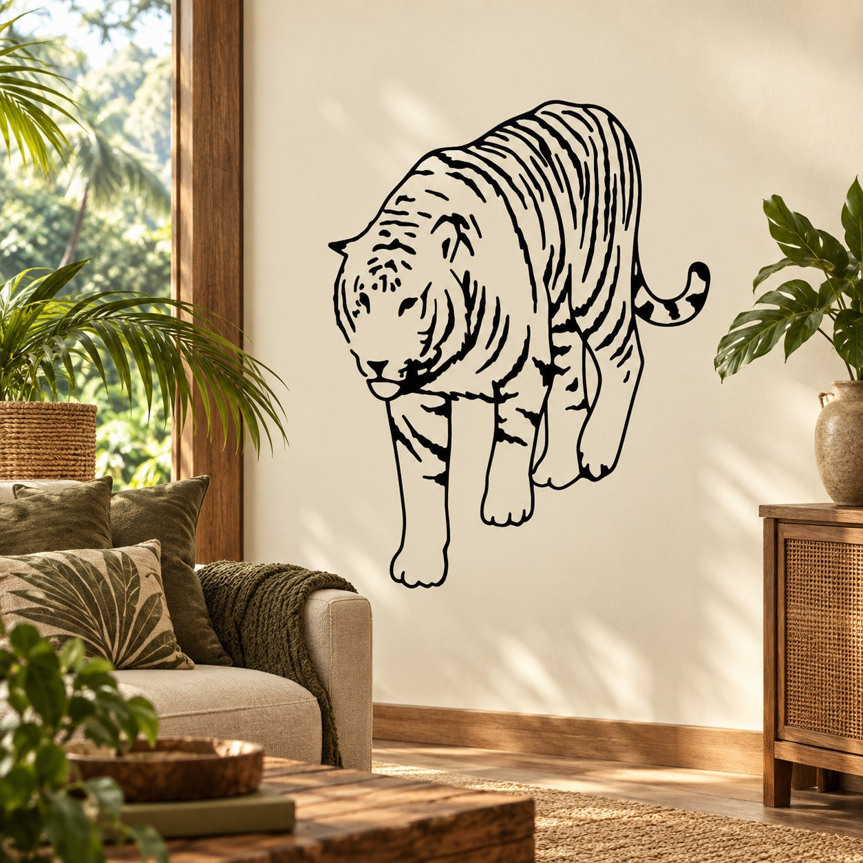 Black line art tiger wall decal, standing full-body