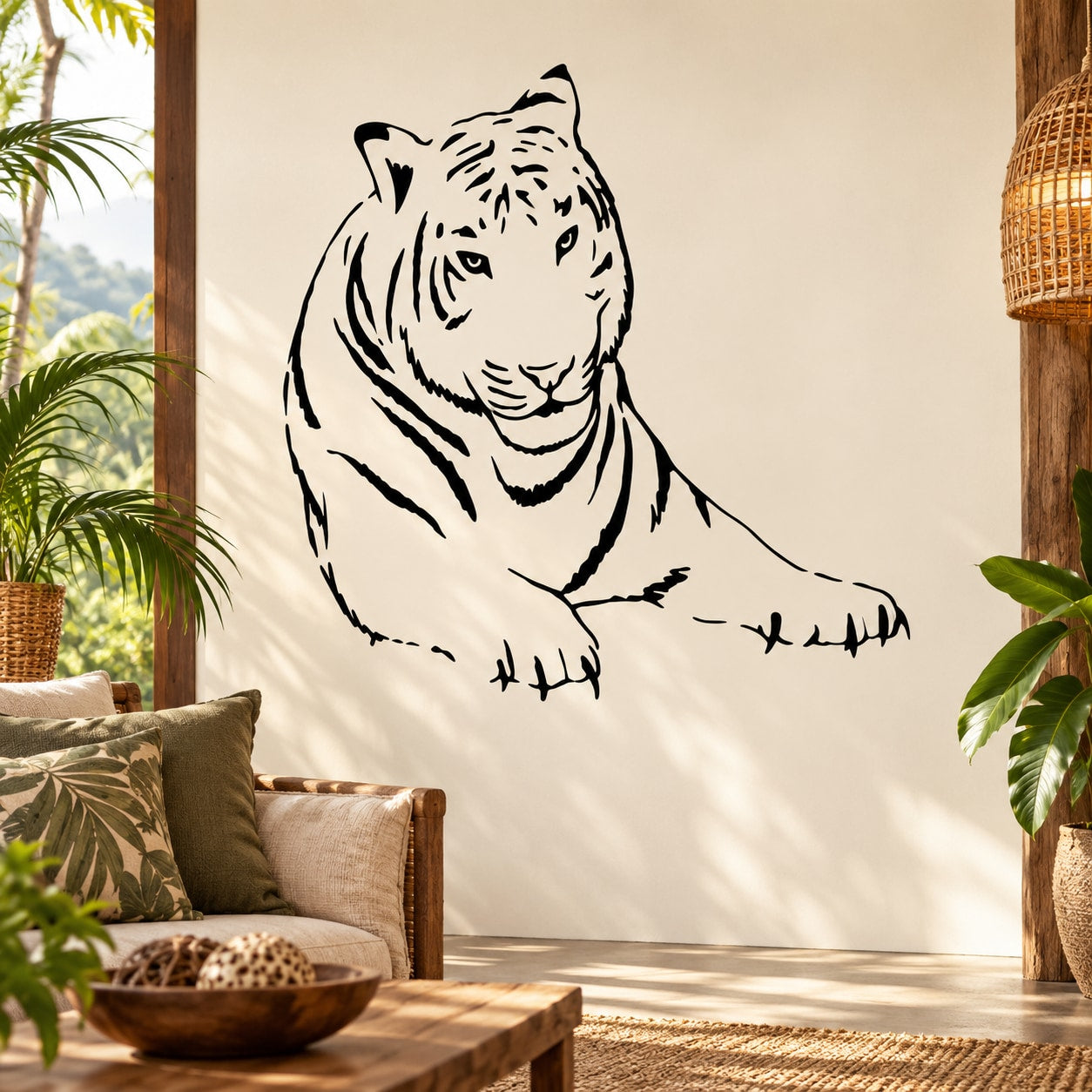 Lounging tiger line-art wall decal, black on light background