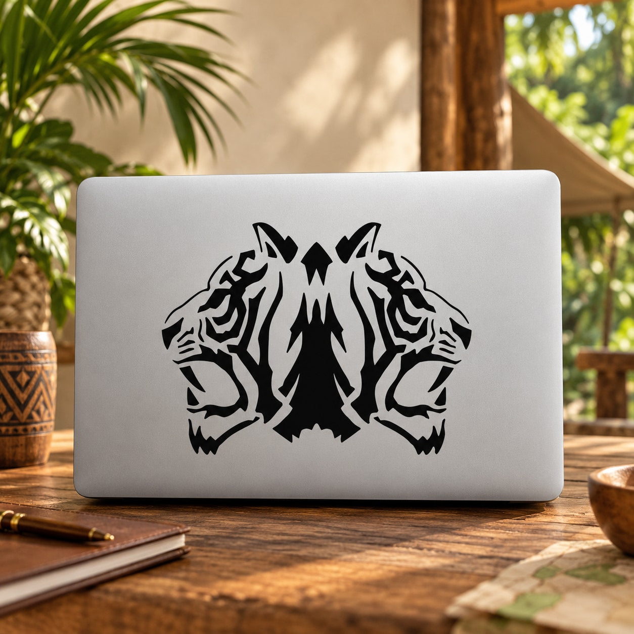 Double roaring tiger head vinyl decal in black on a light laptop lid