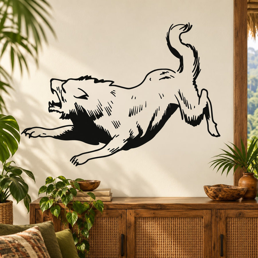 Attacking coyote wall decal, black line-art silhouette on light background