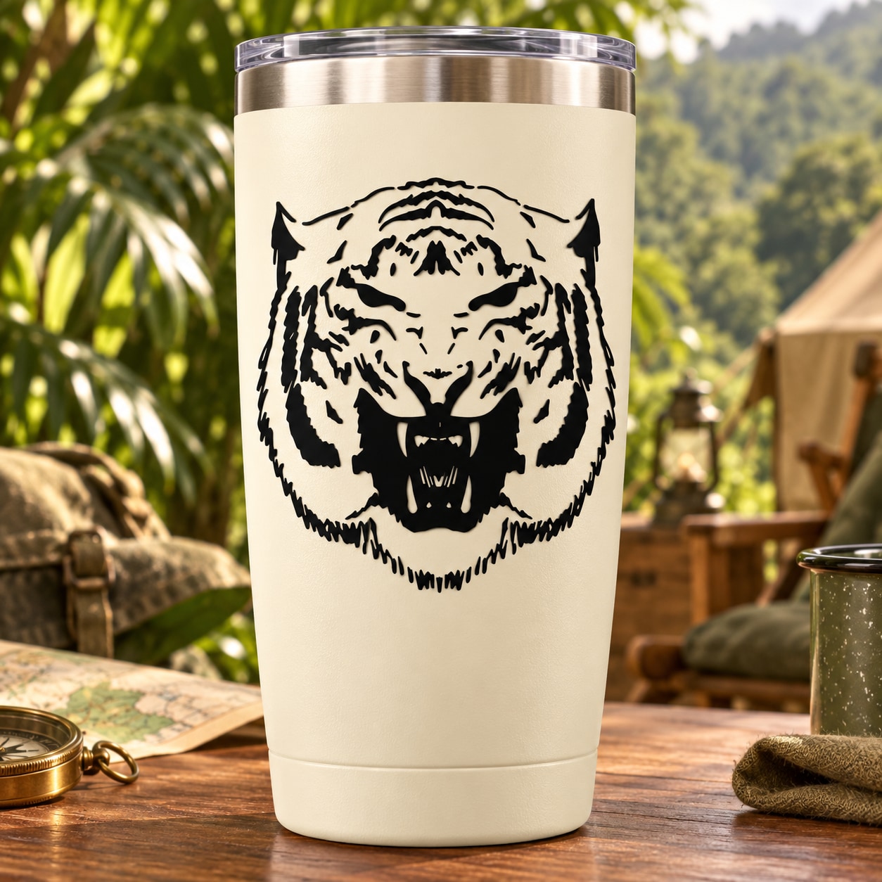 Tiger head hissing decal with black line-art on white tumbler